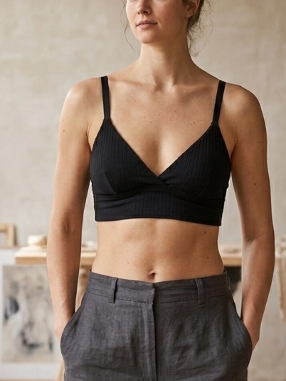Luvlette Black Ribbed Bralette Size L NWT Wireless Cotton Blend Soft Comfort Bra
